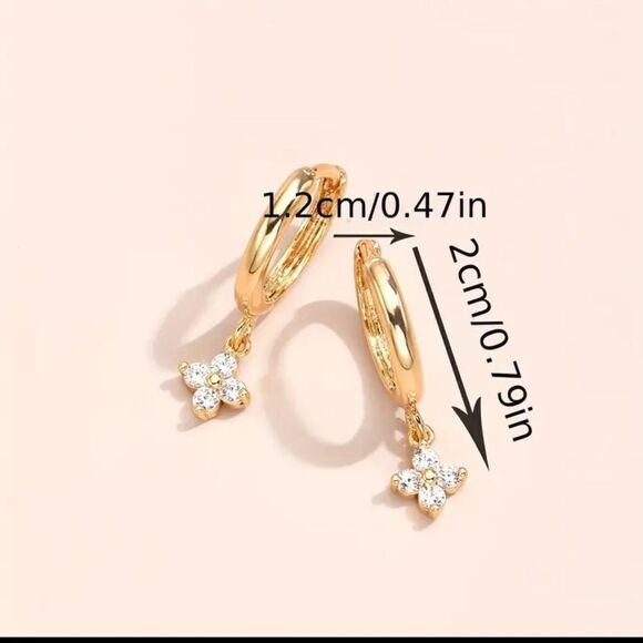 14K Gold Plated Elegant Clover Zirco Huggies Shaped Dangle Hoop Earrings - Picture 4 of 5